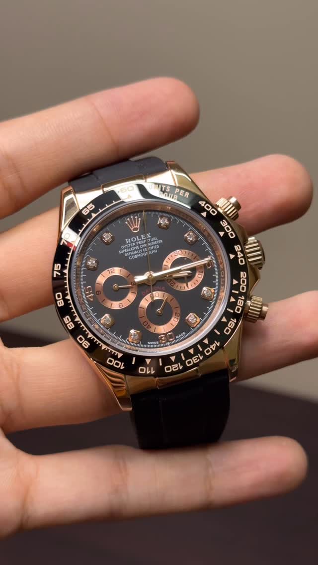 RLX Cosmograph Daytona Mastercopy – Black & Rose Gold Chronograph ( Diamond Hour Markers )