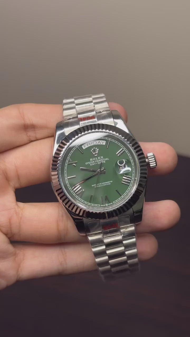RLX Day-Date Mastercopy - Olive Green Dial Silver Chain