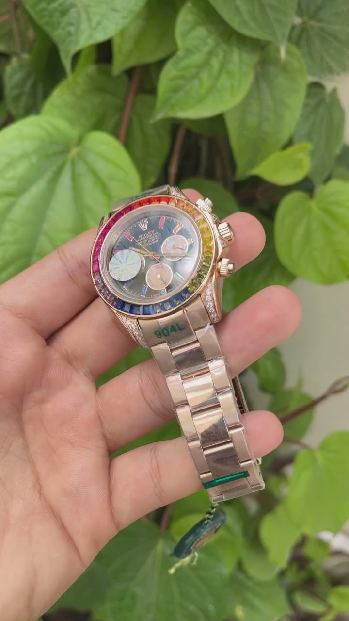 RLX Rainbow Daytona Mastercopy – Black Dial & Rose Gold Chain