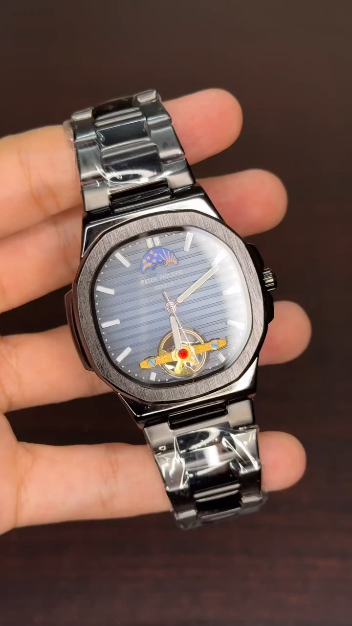 Patek Philippe Moonphase Tourbillon First Copy - Black Chain Blue Dial