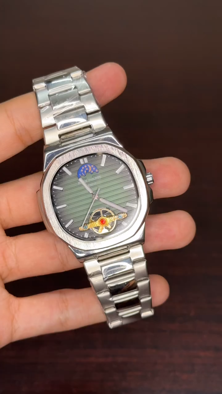 Patek Philippe Moonphase Tourbillon First Copy- Silver Chain Green Dial