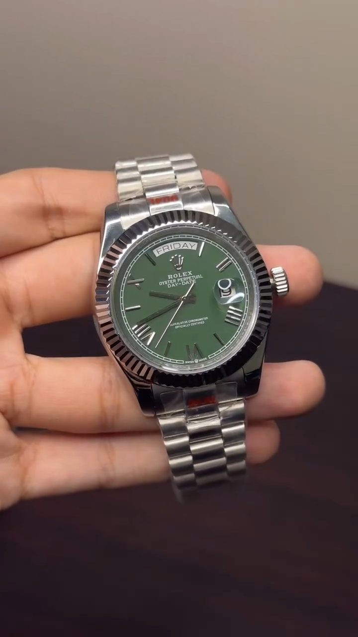 RLX Day-Date Mastercopy - Olive Green Dial Silver Chain