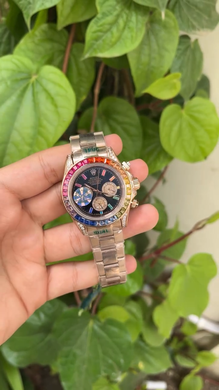 RLX Rainbow Daytona Mastercopy – Black Dial & Rose Gold Chain