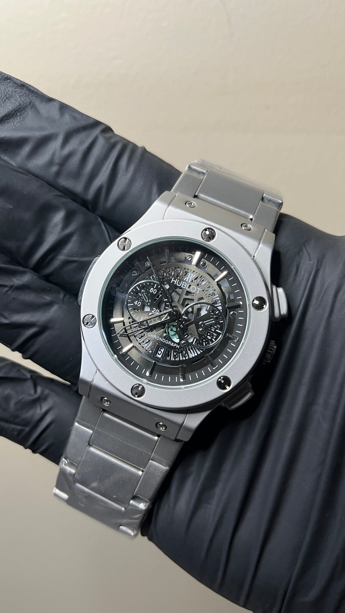Hublot First Copy | Black Chronograph Dial & Chain