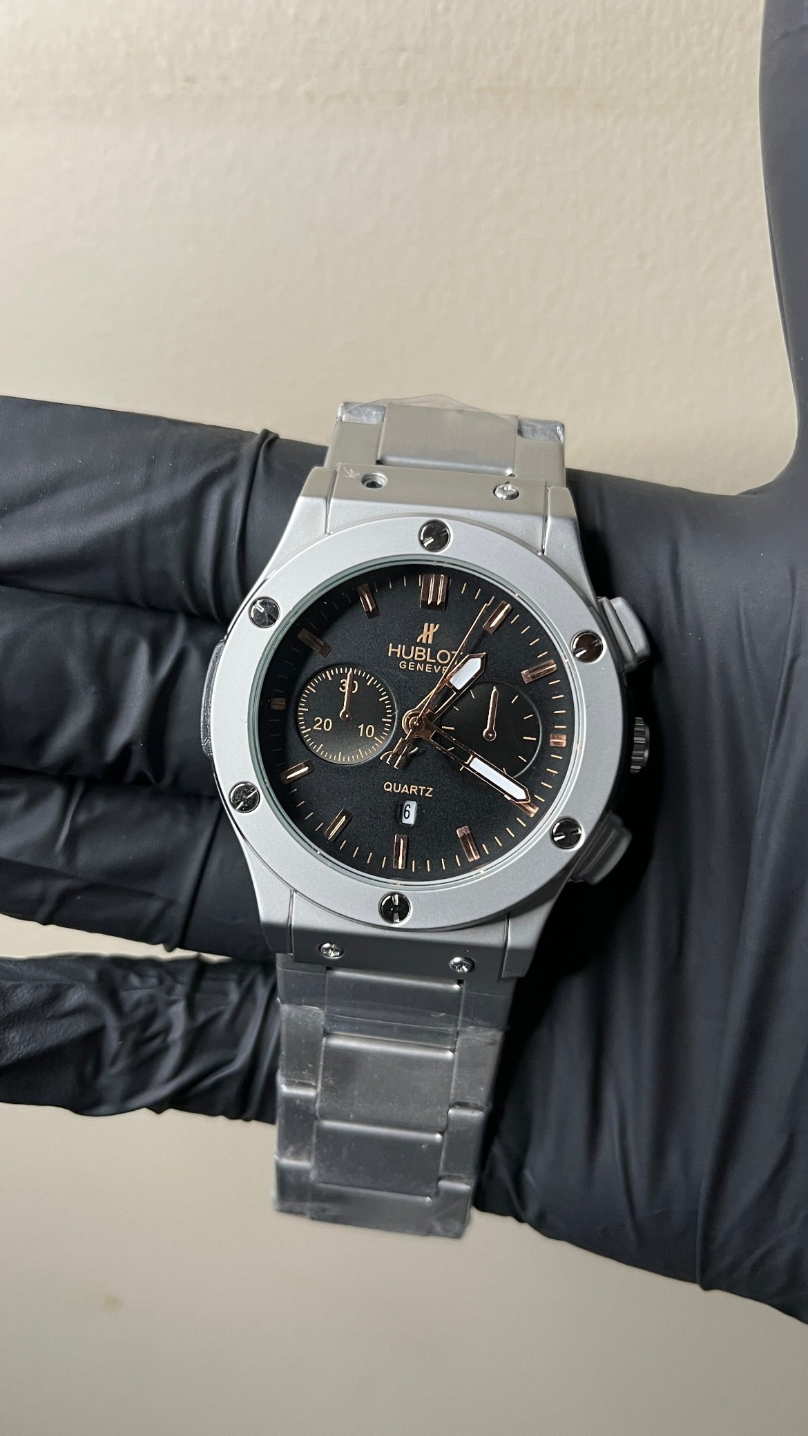 Hublot First Copy | Black Dial Chronograph & silver Chain