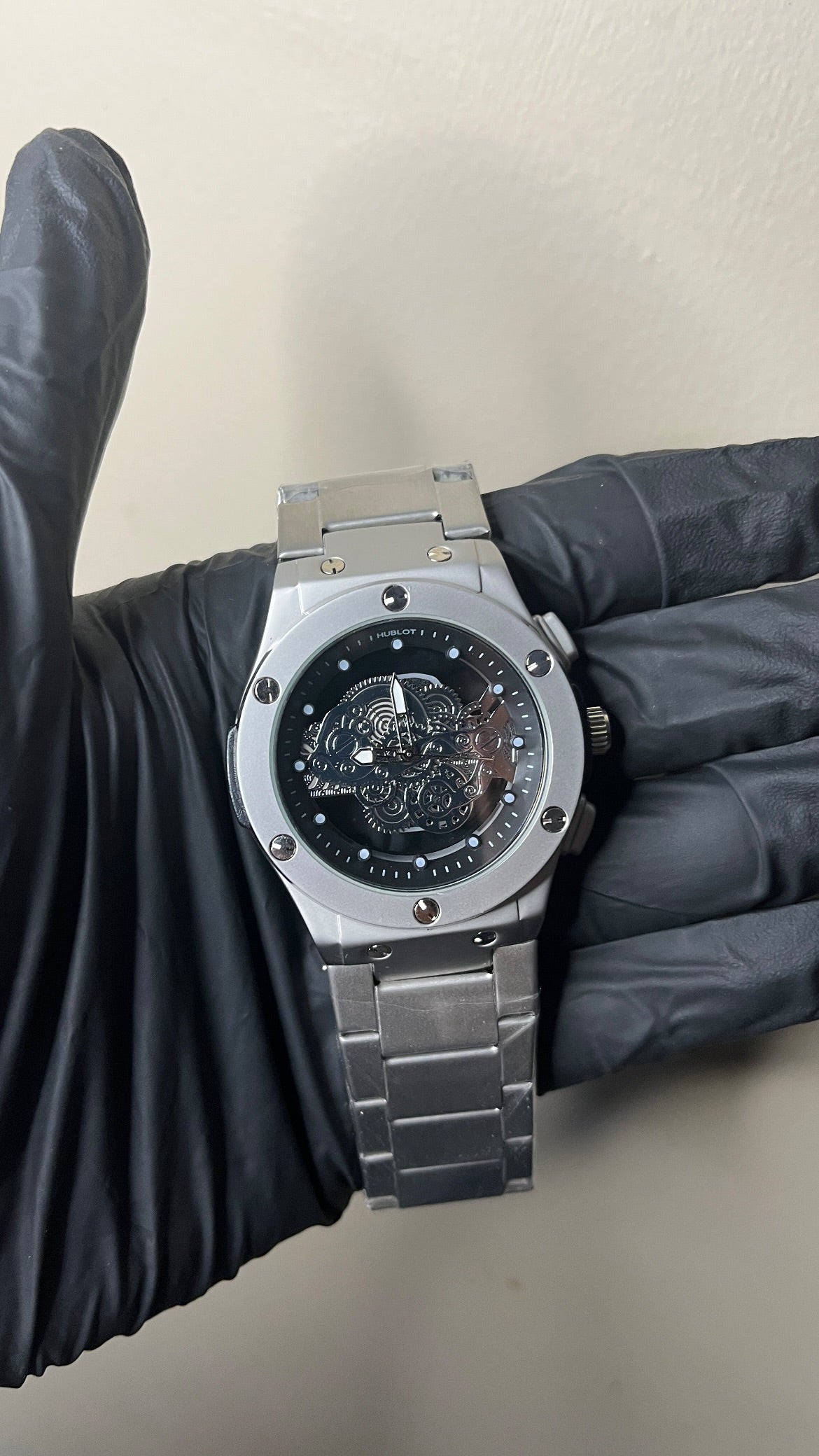 Hublot First Copy | Black Skeleton Dial & silver Chain