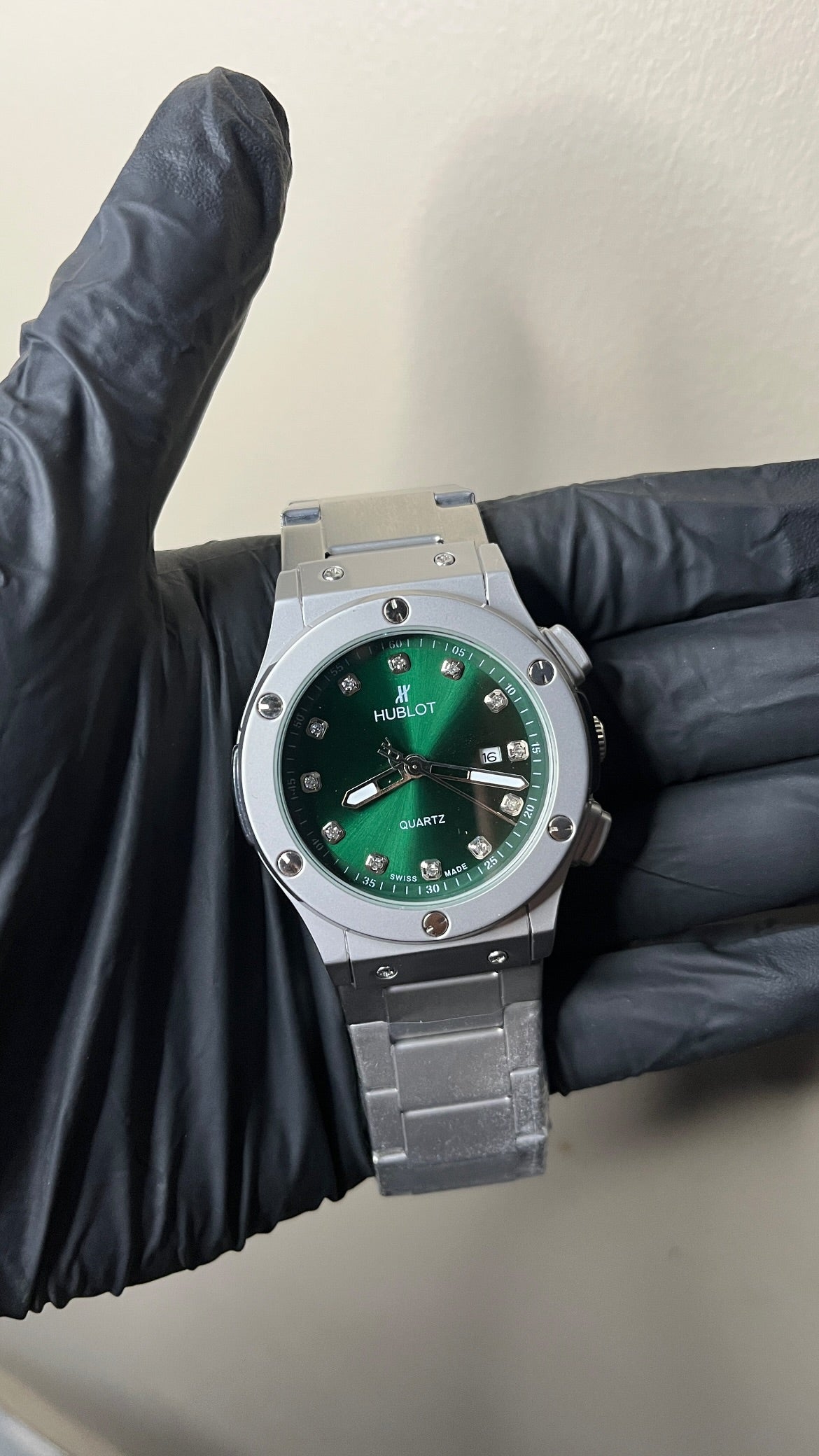 Hublot First Copy | Green Dial with Diamond numbers & silver Chain