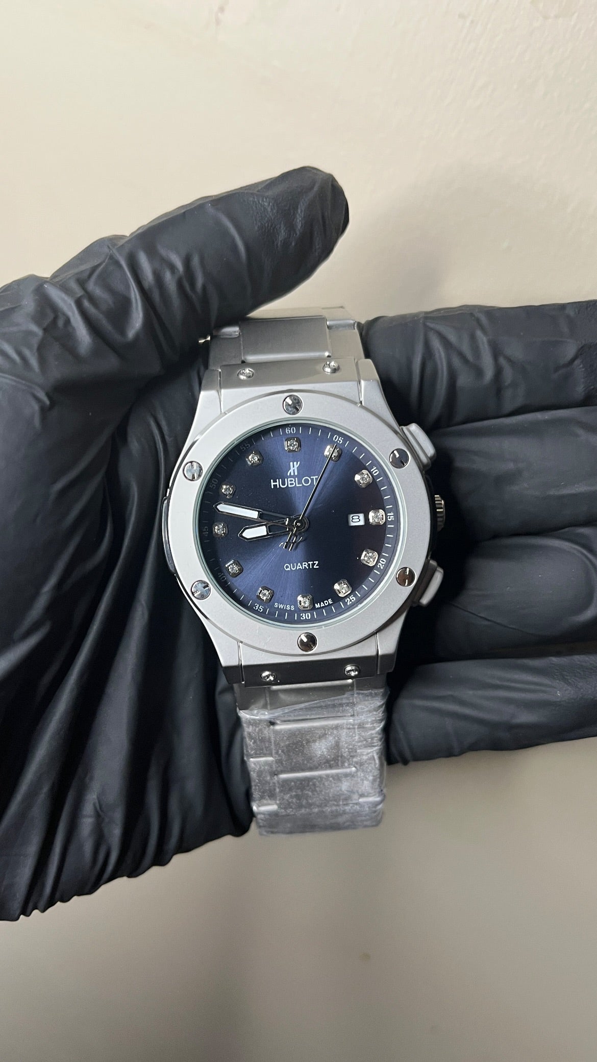 Hublot First Copy | Blue Dial With Diamonds & silver Chain