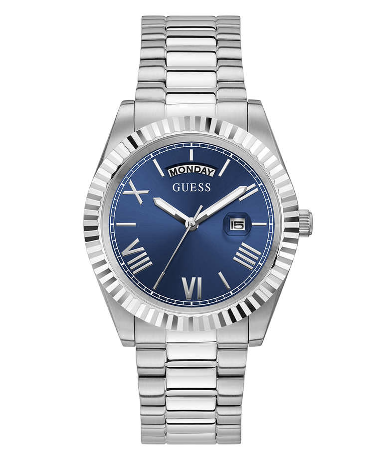 Guess Day-Date Original Watch - Silver Chain Blue Dial