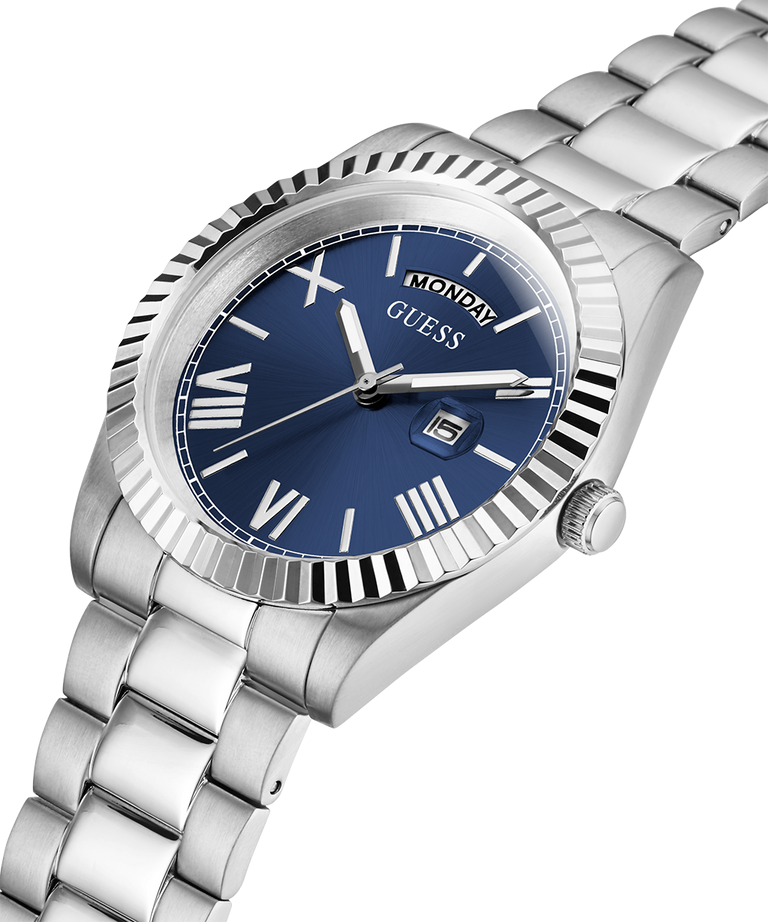 Guess Day-Date Original Watch - Silver Chain Blue Dial