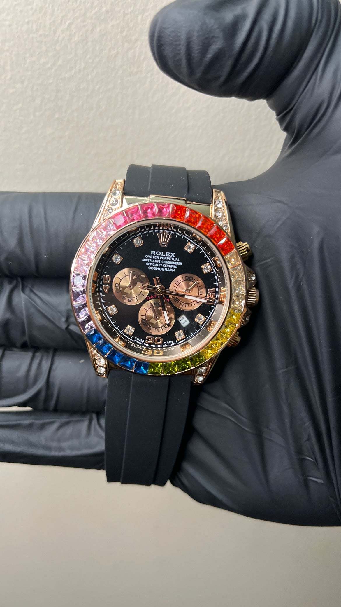 RLX Daytona First copy - Black Dial Rose Gold Body ( Rainbow stone )