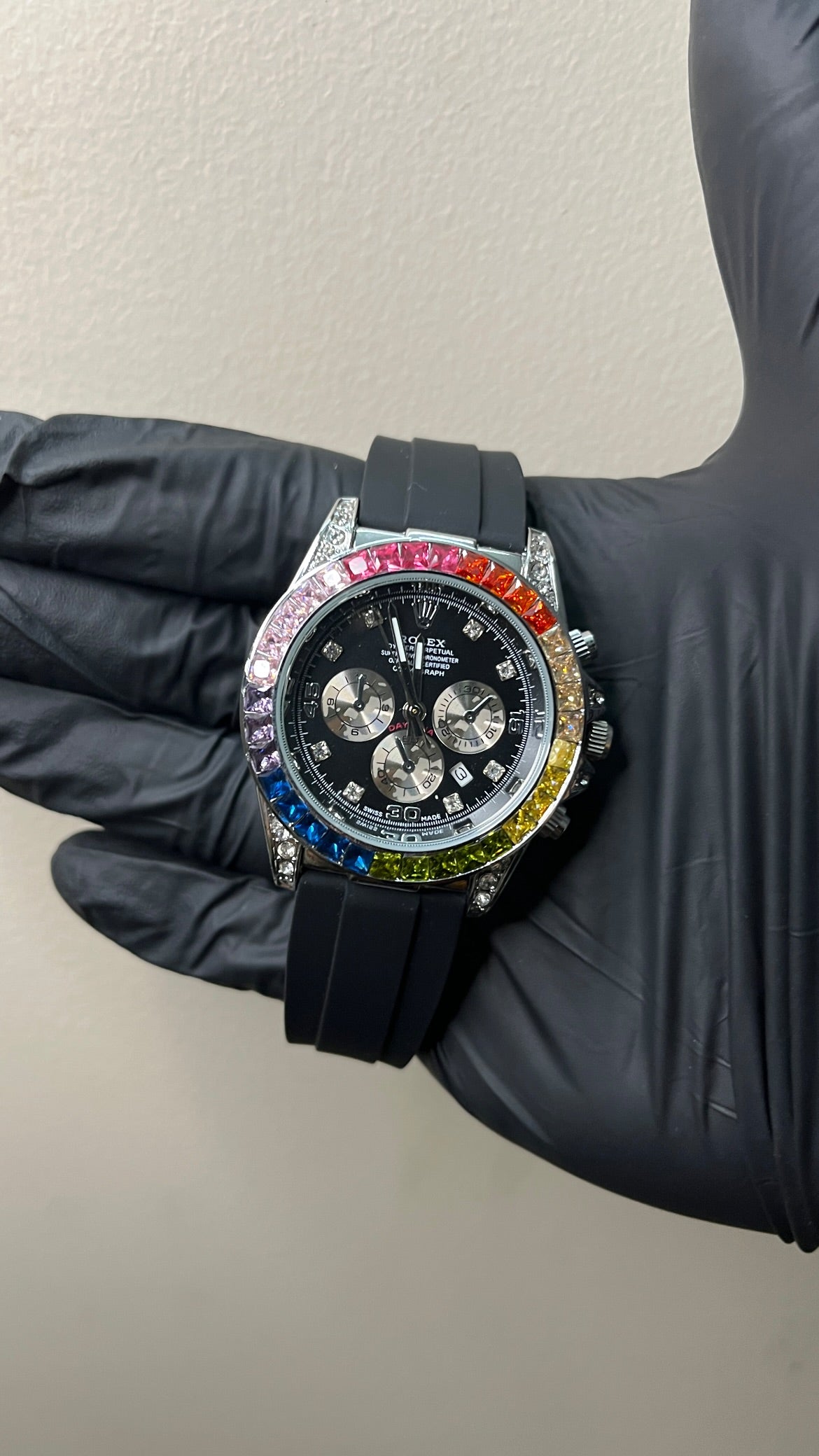 RLX Daytona First copy - Black Dial ( Rainbow stone )