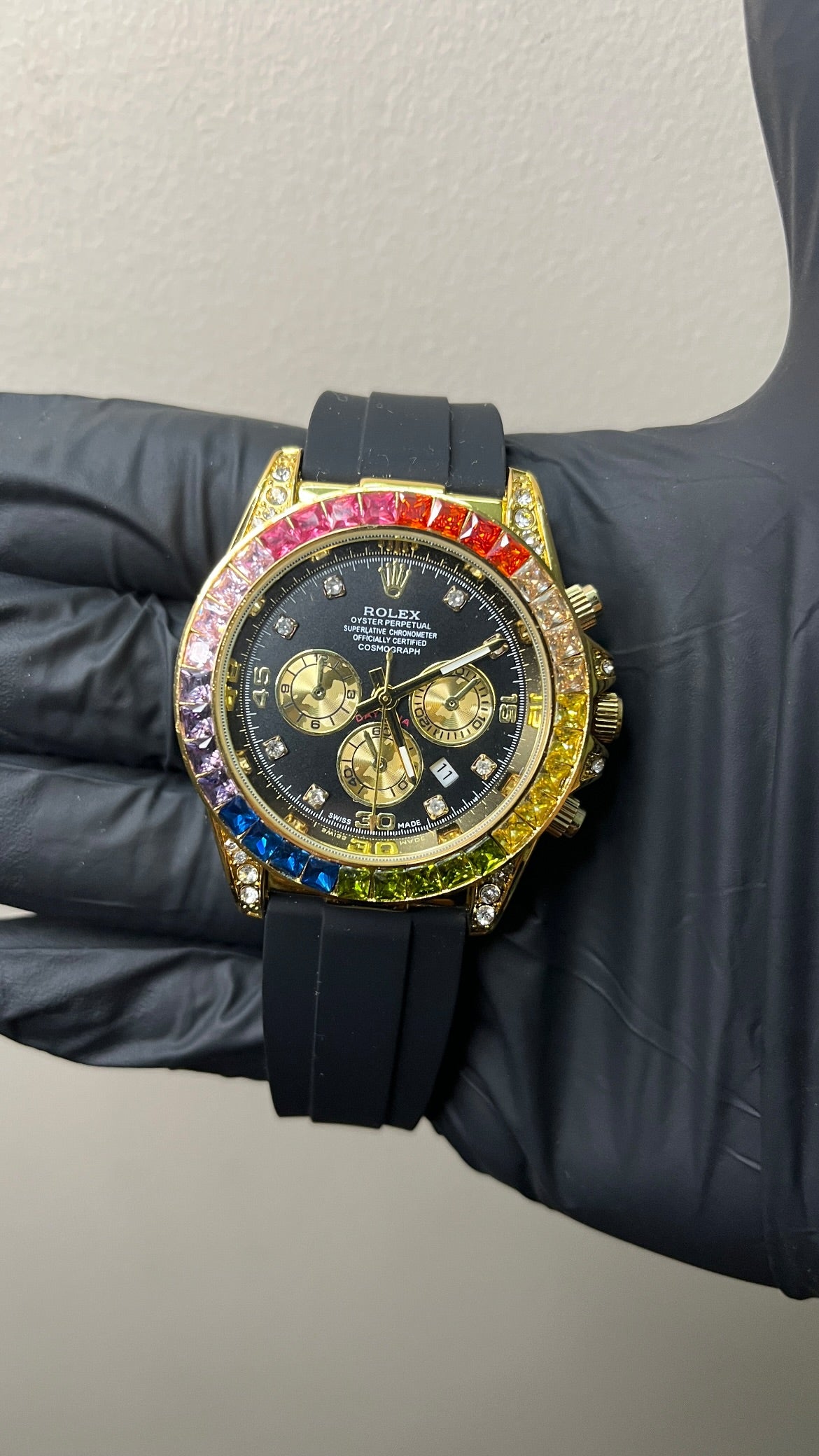 RLX Daytona First copy - Black Dial Gold Body ( Rainbow stone )