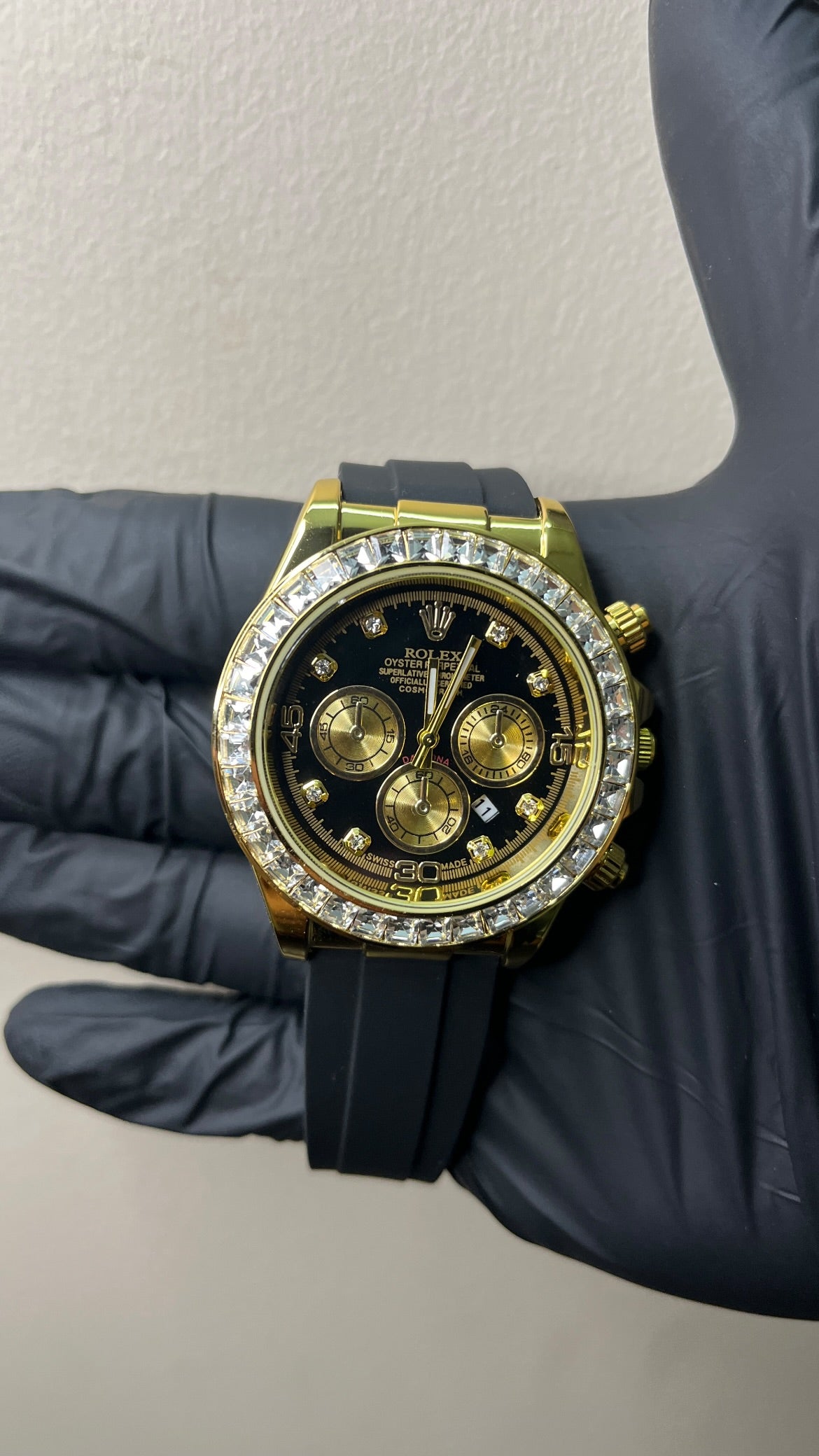 RLX Daytona First copy - Black Dial Gold Body ( White stone )