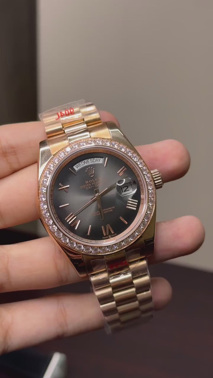 RLX Day-Date Mastercopy - Smoke Grey Stone Dial Rose Gold Chain