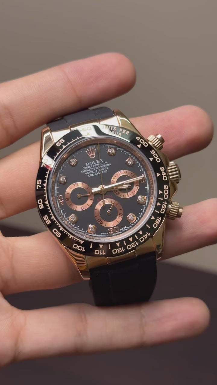 RLX Cosmograph Daytona Mastercopy – Black & Rose Gold Chronograph ( Diamond Hour Markers )