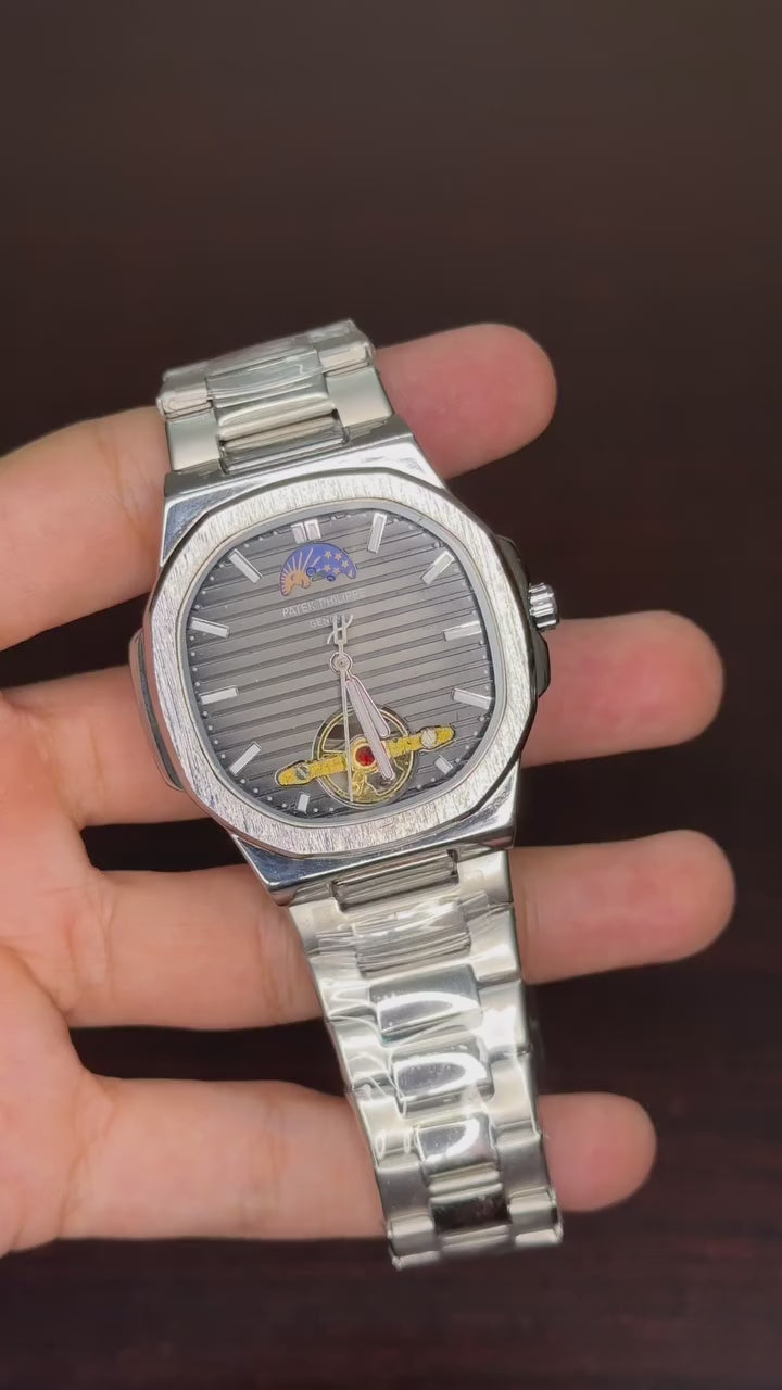 Patek Philippe Moonphase Tourbillon First Copy- Silver Chain Green Dial