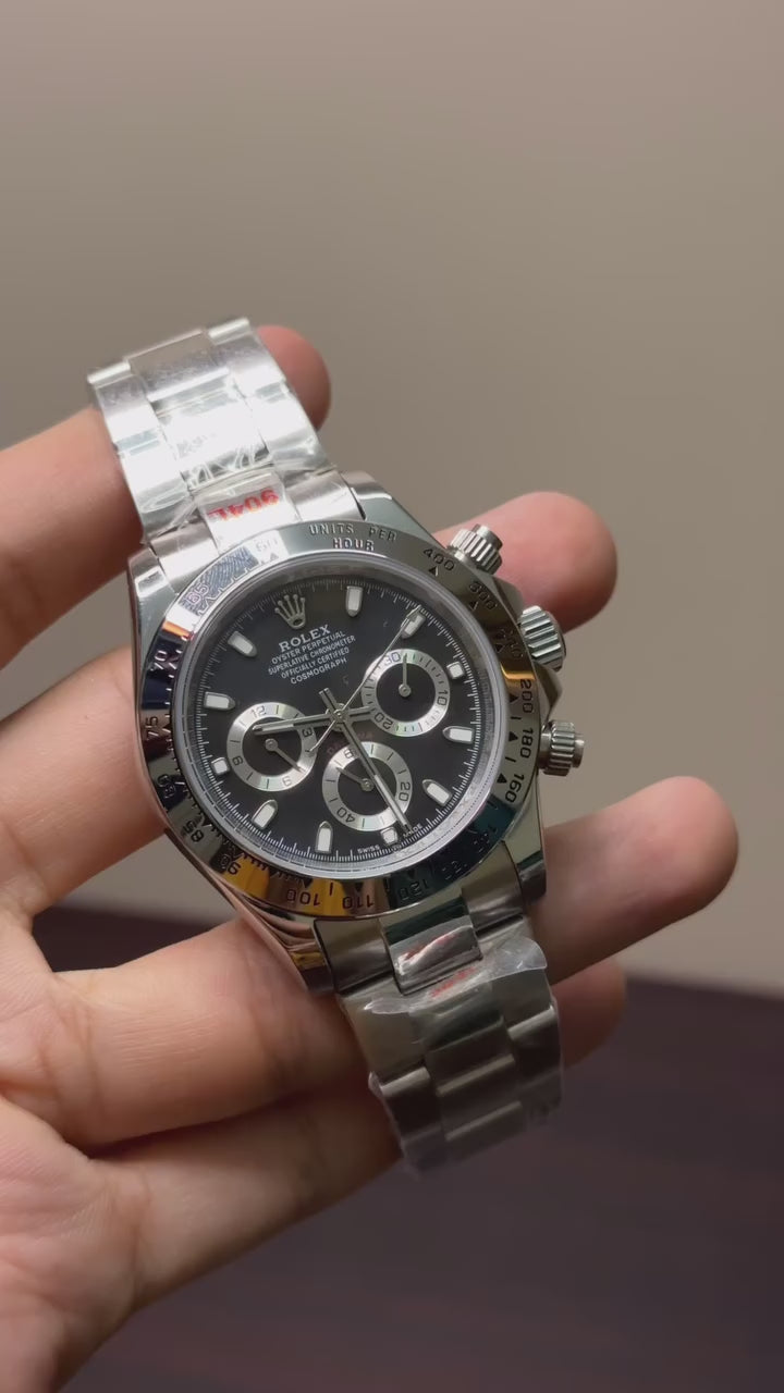 RLX Cosmograph Daytona Mastercopy – Black & Silver Chronograph