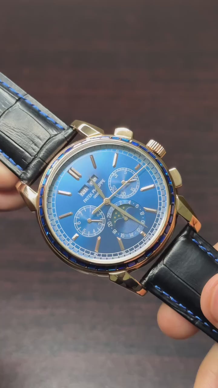 Patek Philippe Grand Complications Mastercopy ( Blue Dial with Stones, Black Leather Strap )