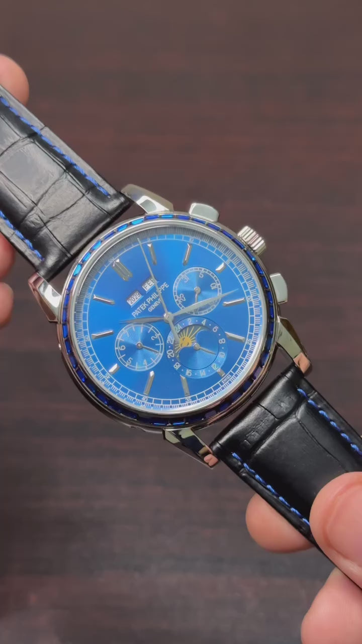 Patek Philippe Grand Complications Mastercopy ( Blue Dial with Stones, Black Leather Strap )