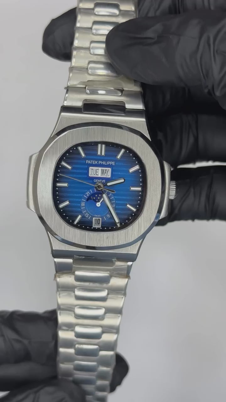 Patek Philippe Nautilus Moon Phase Mastercopy - Silver Chain Blue Dial