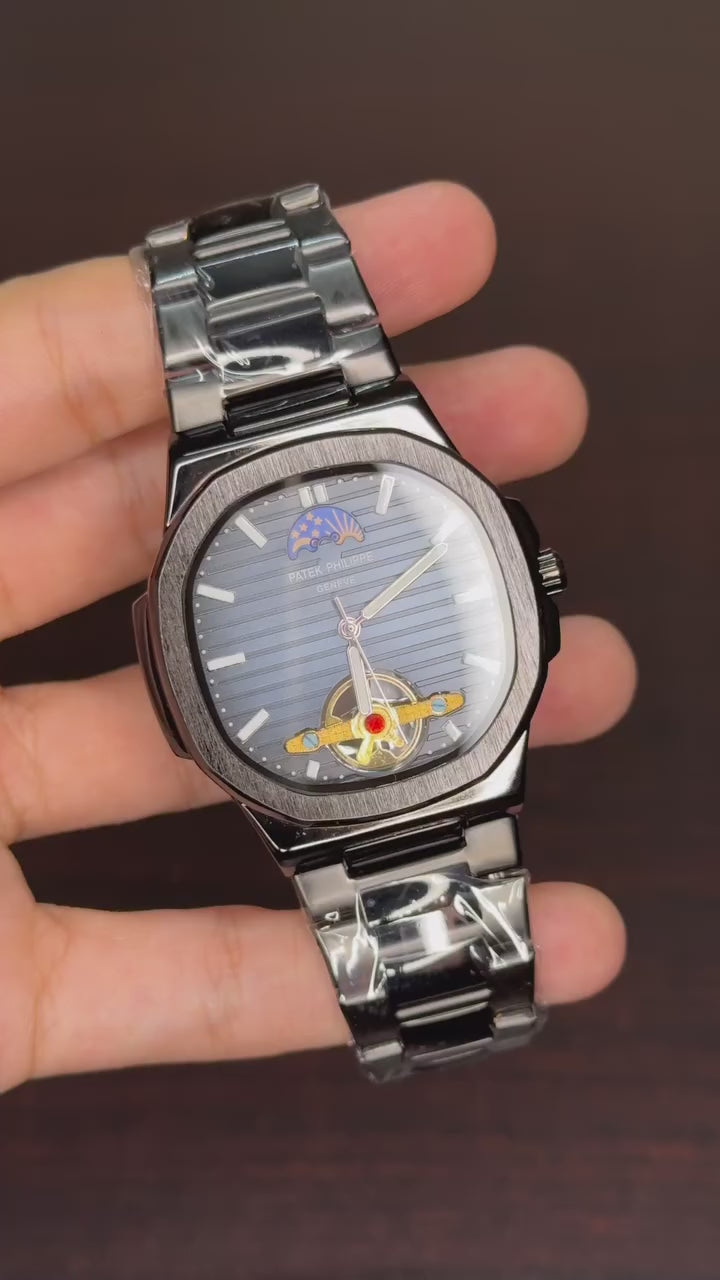 Patek Philippe Moonphase Tourbillon First Copy - Black Chain Blue Dial