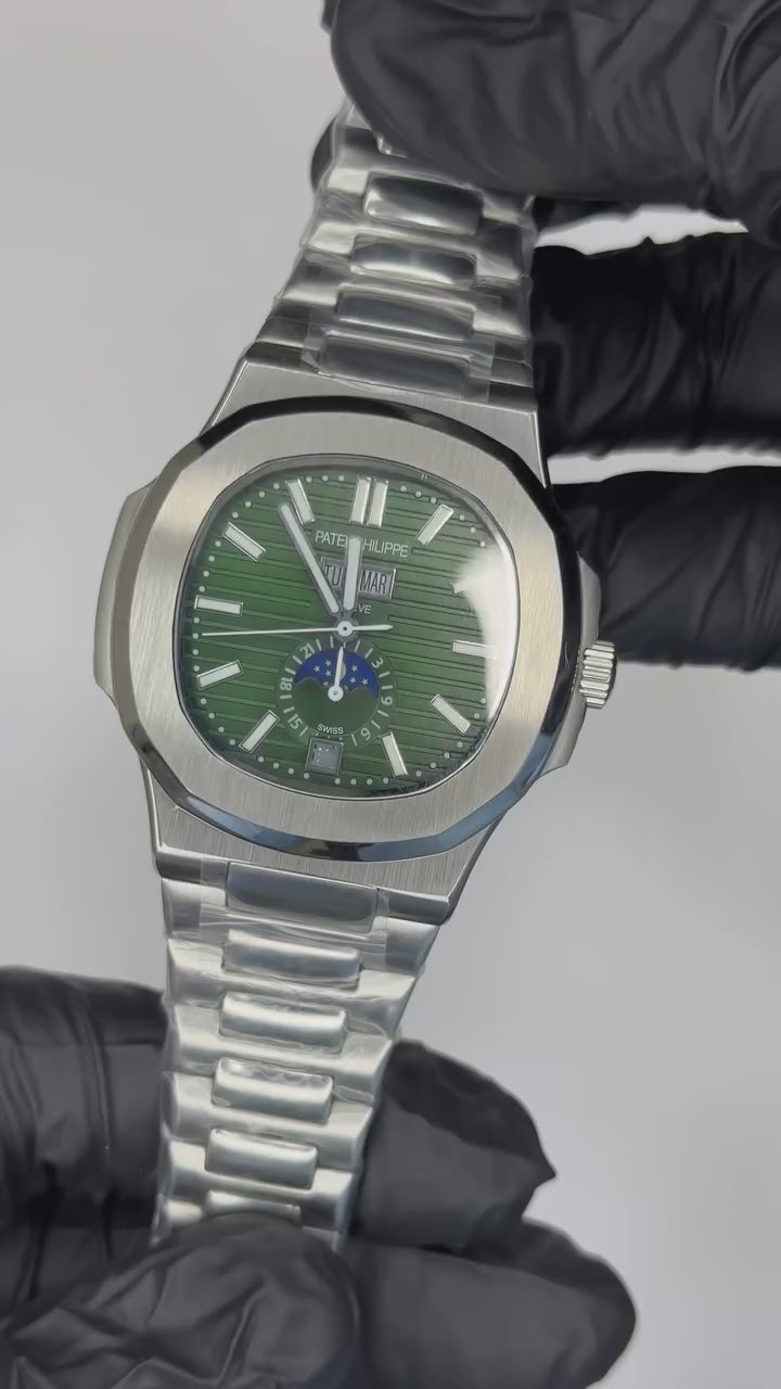 Patek Philippe Nautilus Moon Phase Mastercopy - Silver Chain Green Dial