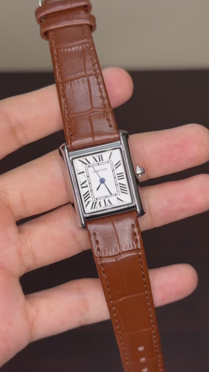 Cartier Tank First Copy - Brown Strap White Dial