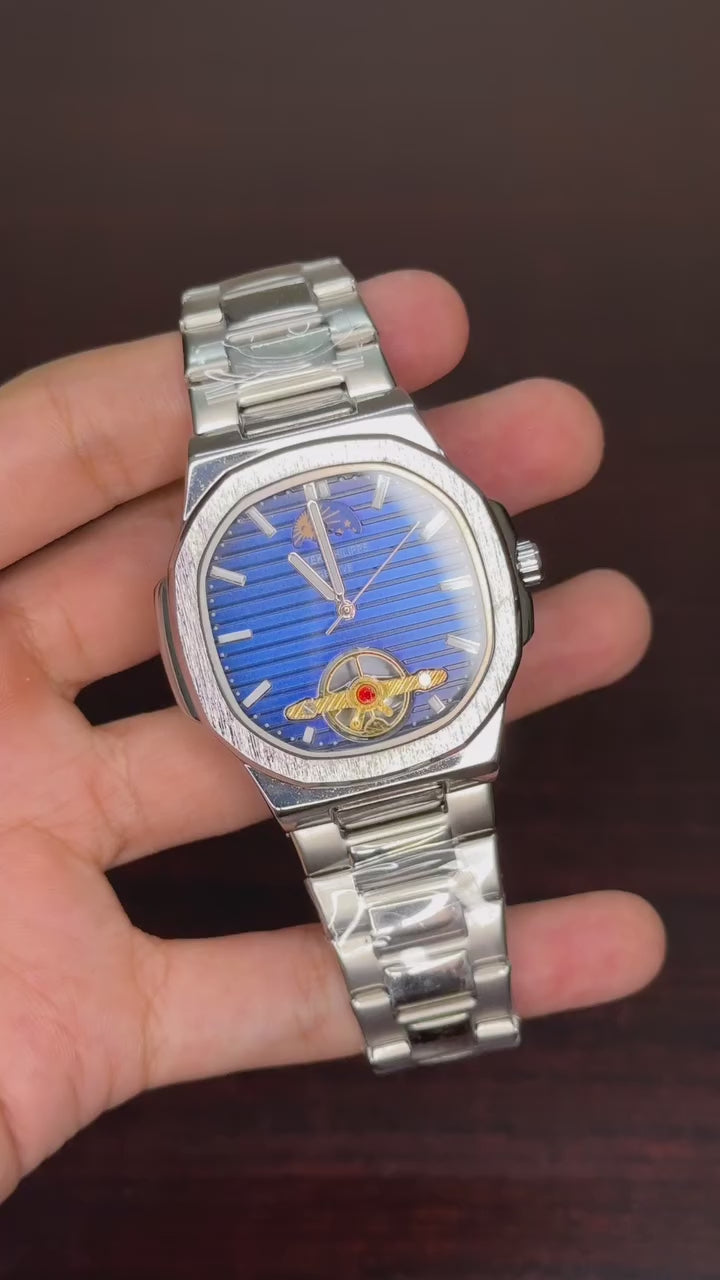 Patek Philippe Moonphase Tourbillon First Copy - Silver Chain Blue Dial