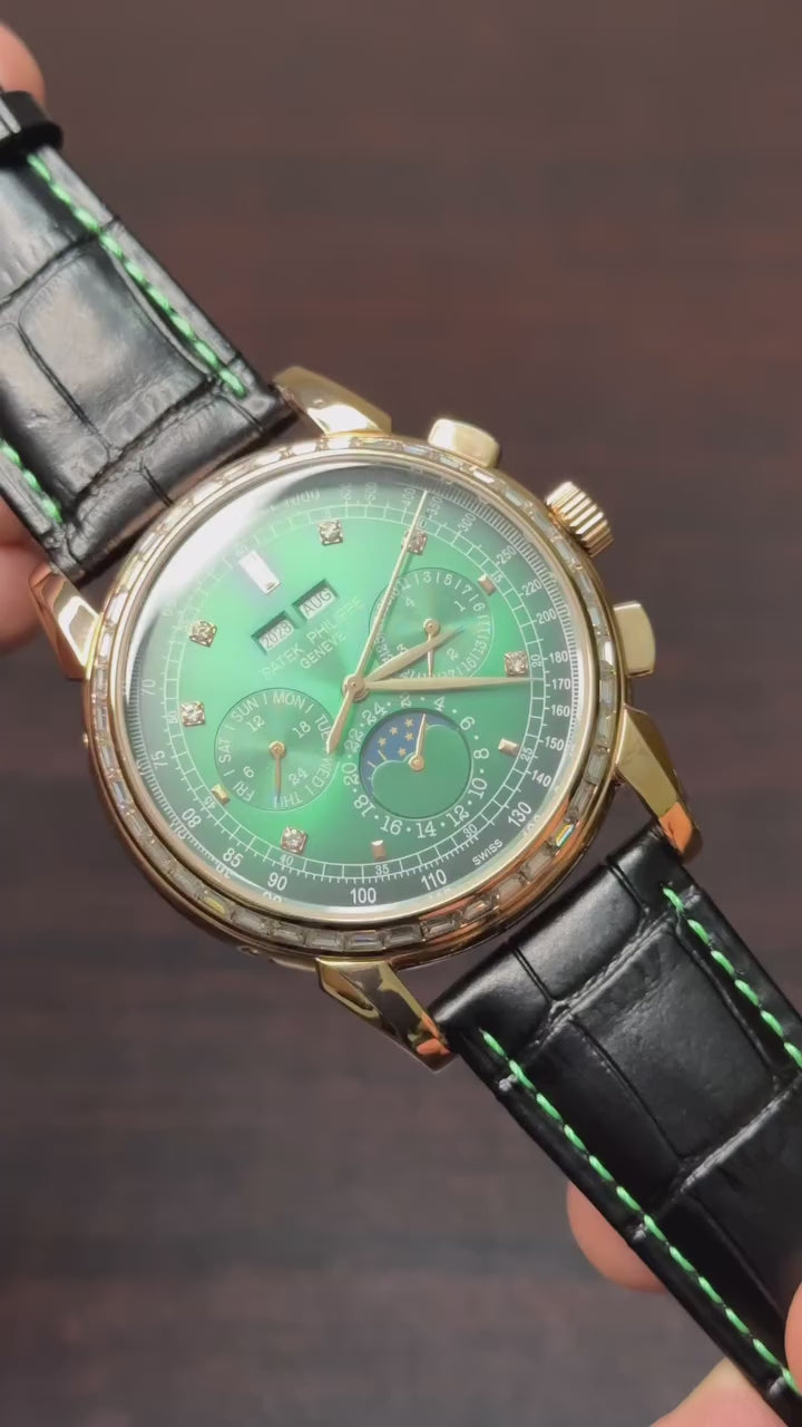 Patek Philippe Grand Complications Mastercopy ( Green Dial with Stones, Black Leather Strap )