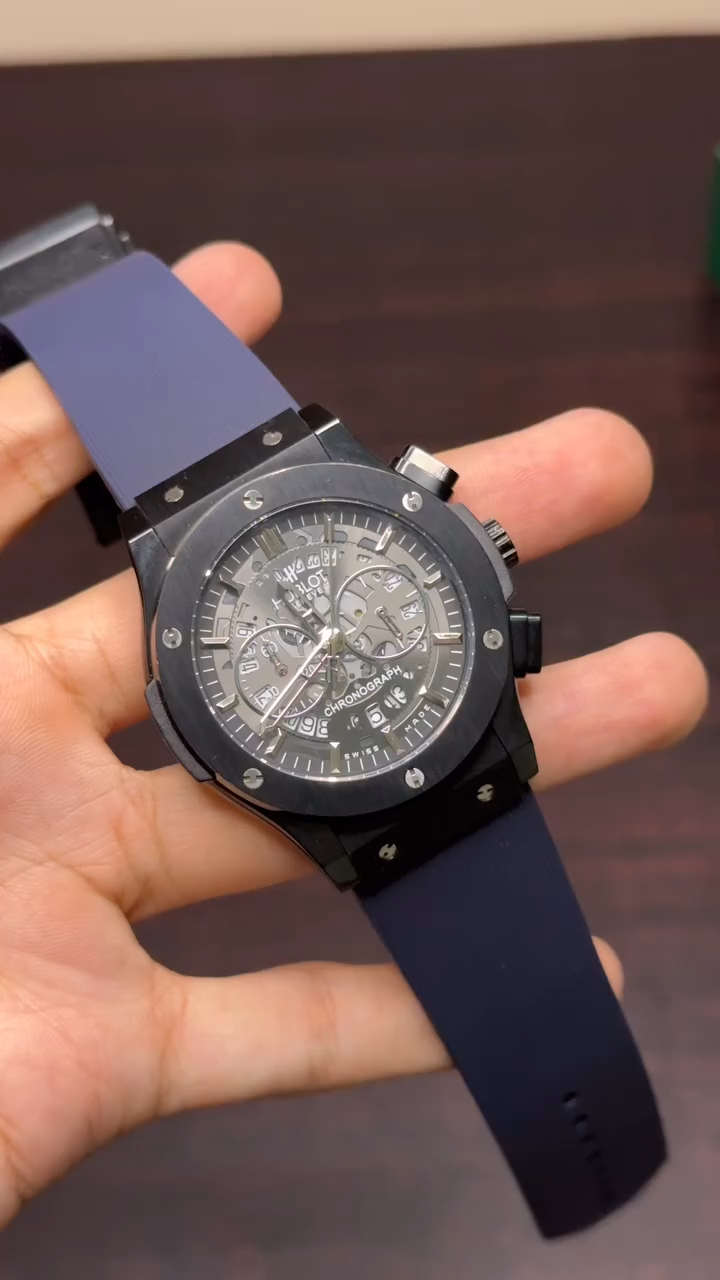 Hublot Chronograph Mastercopy - Blue Strap Black Dial