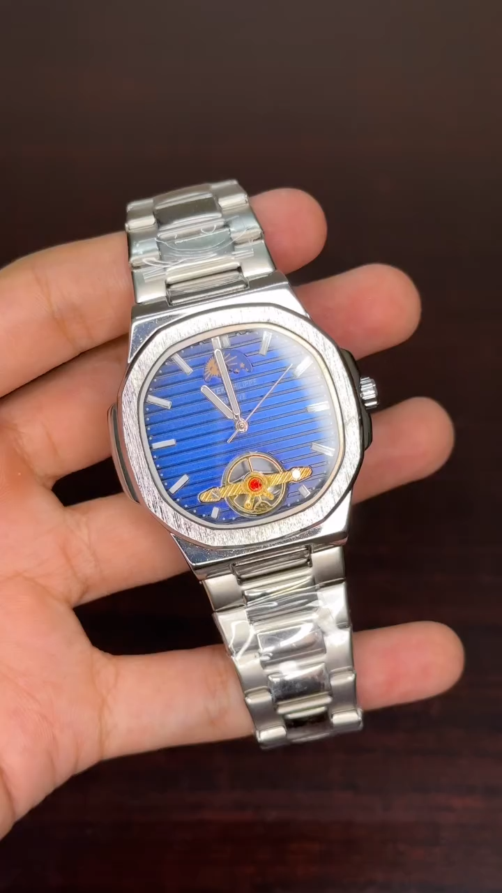 Patek Philippe Moonphase Tourbillon First Copy - Silver Chain Blue Dial