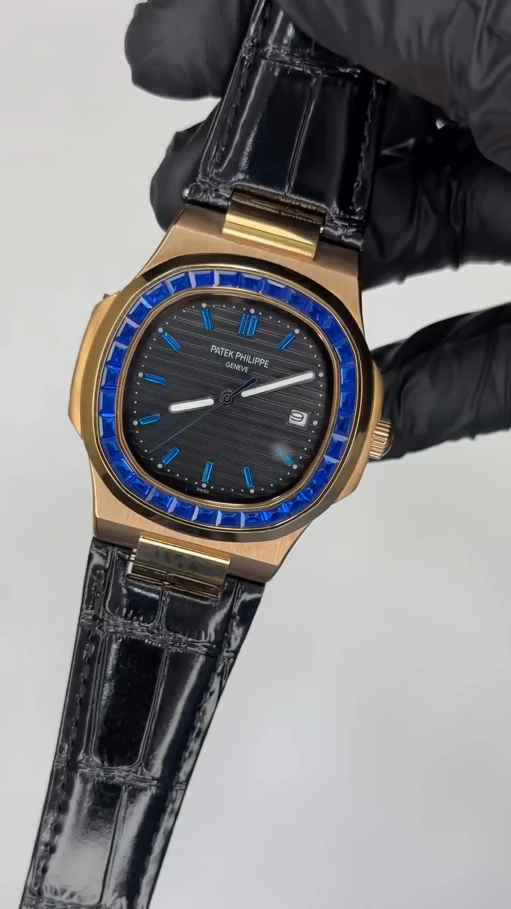 Patek Philippe Nautilus Mastercopy - Black Dial Blue Stone With Black Strap
