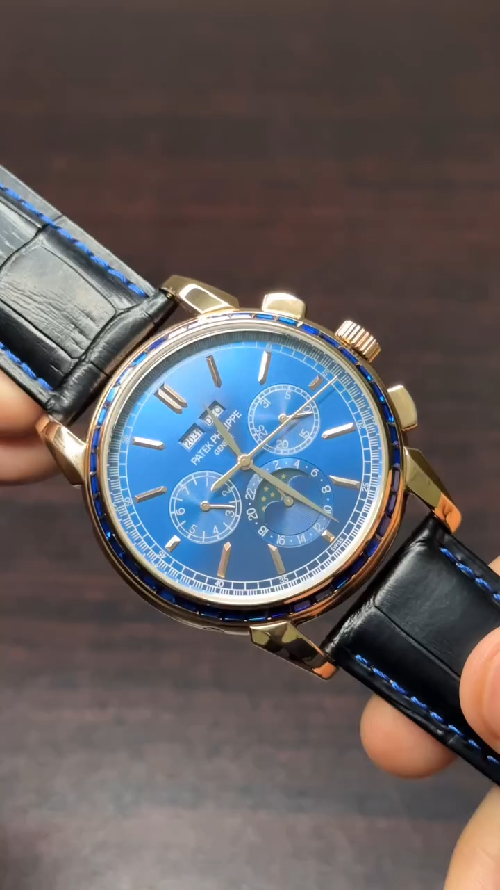 Patek Philippe Grand Complications Mastercopy ( Blue Dial with Stones, Black Leather Strap )