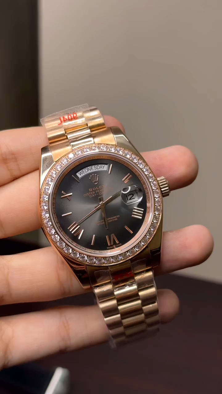 RLX Day-Date Mastercopy - Smoke Grey Stone Dial Rose Gold Chain