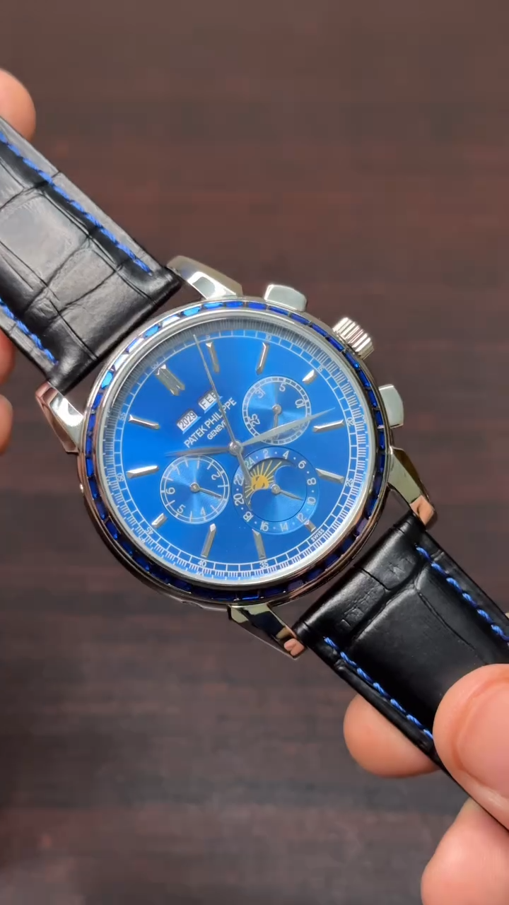 Patek Philippe Grand Complications Mastercopy ( Blue Dial with Stones, Black Leather Strap )