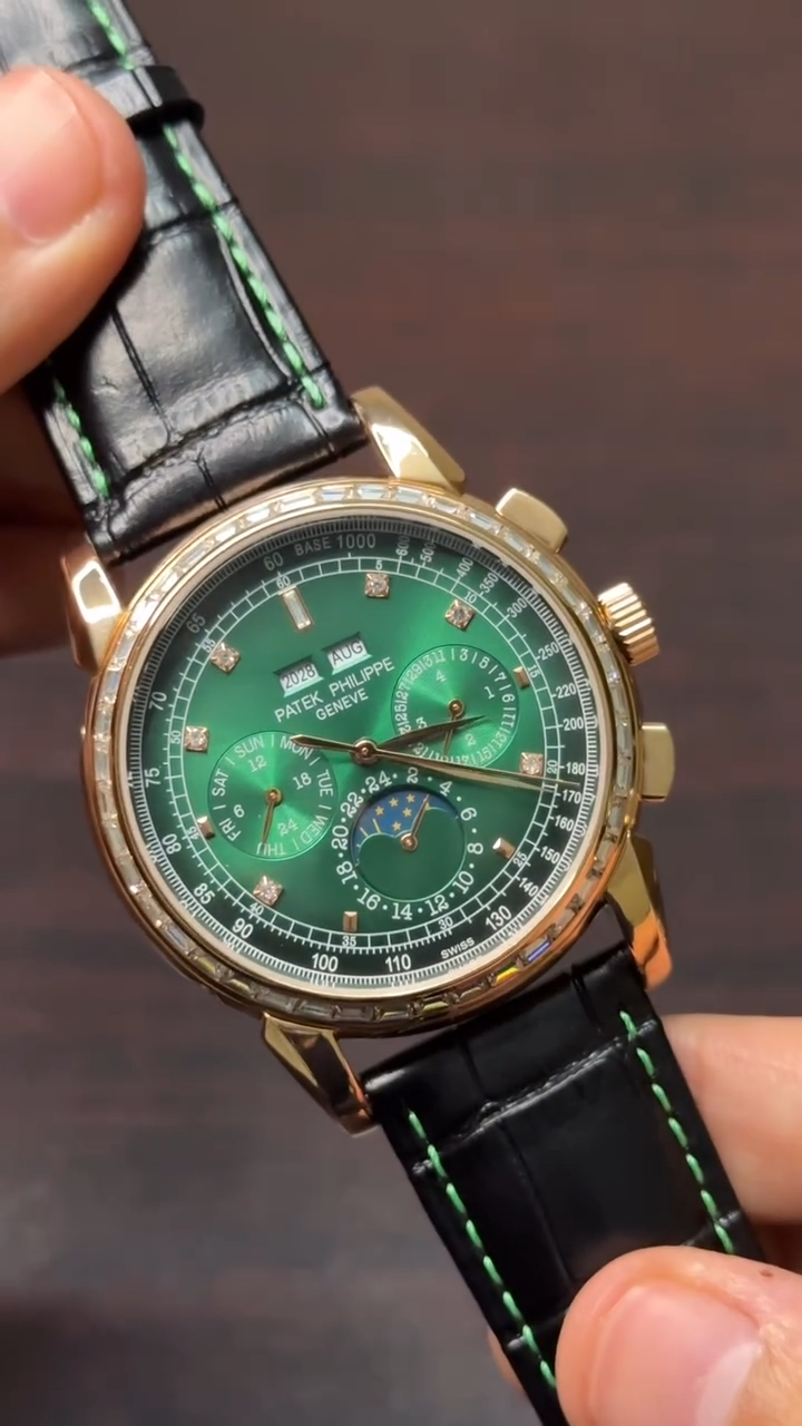 Patek Philippe Grand Complications Mastercopy ( Green Dial with Stones, Black Leather Strap )